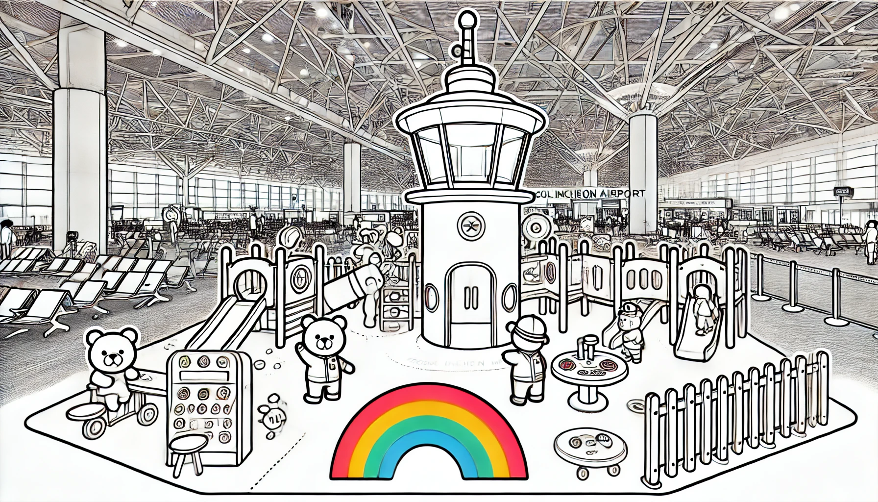 Line drawing illustrating a kids play area at Seoul Incheon Airport South Korea