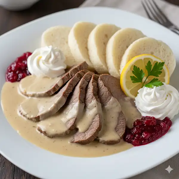 A white plate of Svíčková, a Czech dish with sliced beef in a cream sauce, bread dumplings, cranberries, and whipped cream.