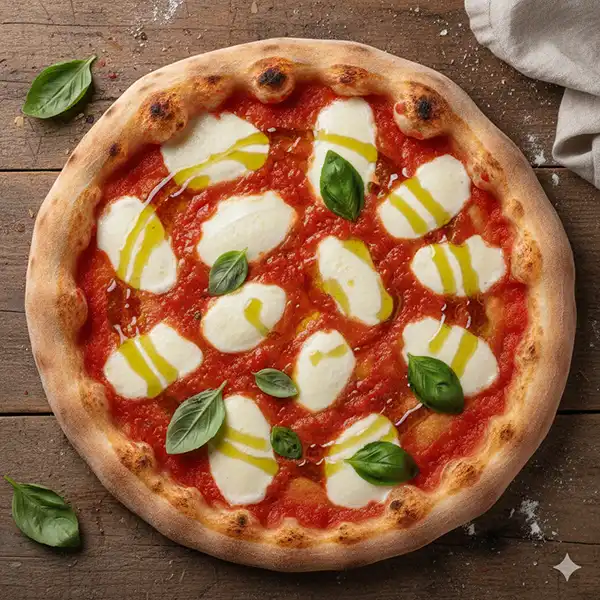 Authentic Neapolitan Margherita pizza on a wooden table.