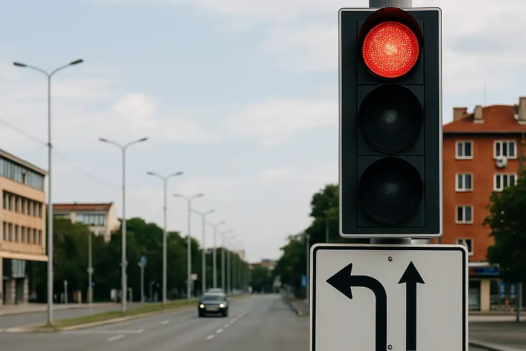 left-turn and straight-ahead arrows in a Bulgarian city intersection