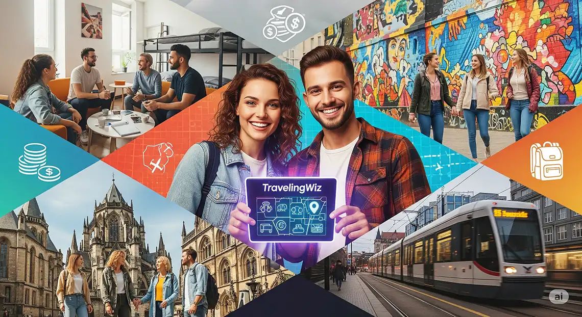 Budget-Friendly City Breaks: Your Ultimate Trip Planner Tutorial 1 Happy travelers using the TravelingWiz Trip Planner to find budget hostels, free city tours, and public transport options.