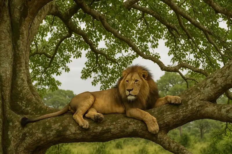 A large, powerful lioness is draped casually over a thick, horizontal branch of a large leafy tree, looking down from her unusual perch, Queen Elizabeth National Park, Uganda.