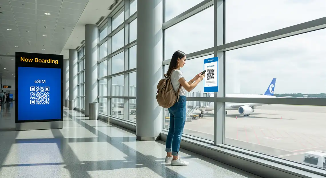 A traveler considering an eSIM vs Physical SIM for travel activates her new eSIM by scanning a QR code at the airport.