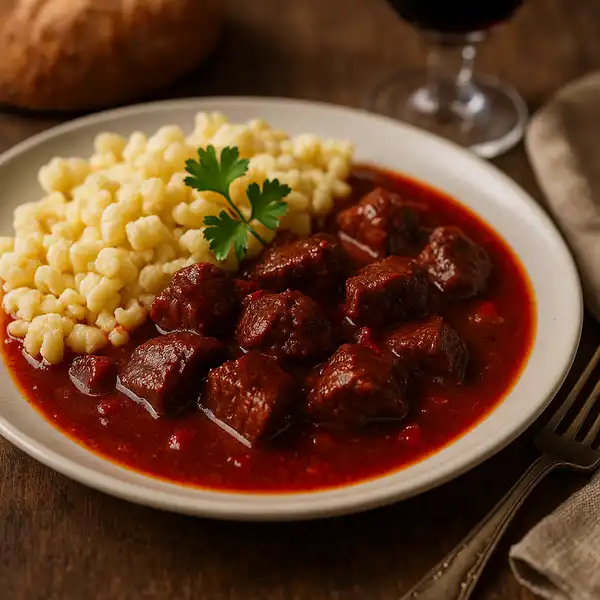 Hungarian beef stew cooked with Bull’s Blood wine and served with dumplings