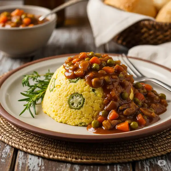 A high-quality, square photo of a perfectly molded, dome-shaped serving of yellow Cou-Cou on a plate, with a rich, dark vegetable gravy poured over the top.
