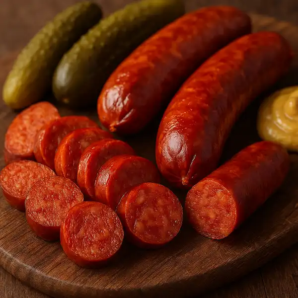 Debrecener sausages with mustard and pickles on a wooden board