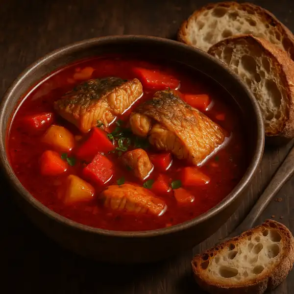 Hungarian fisherman’s soup with carp and paprika broth