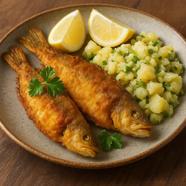Fried pike-perch fillets with lemon and potato salad
