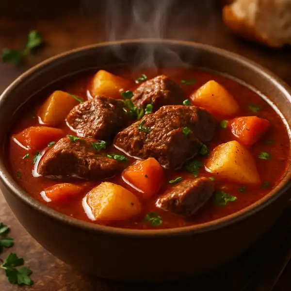 Hungarian goulash soup with beef and vegetables in a rustic bowl
