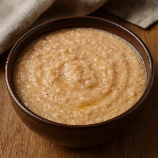A bowl of Saudi Jareesh, a savory wheat porridge.