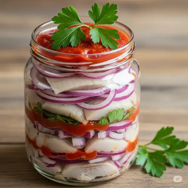 Jar of Kashubian marinated herring with onions