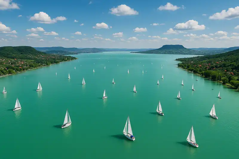 Aerial of Lake Balaton with sailboats
