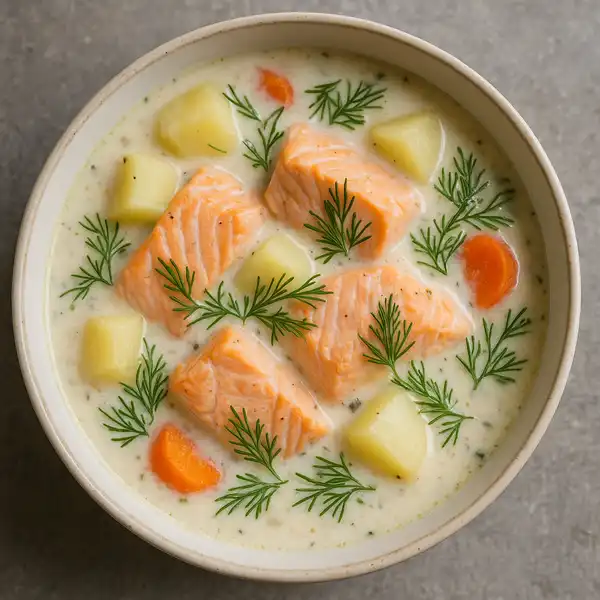 The photo depicts a steaming bowl of creamy salmon soup with pink chunks of salmon, sliced potatoes and carrots floating in a milky broth