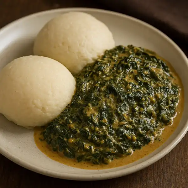 A plate of Zambian Nshima with a side of Ifisashi.