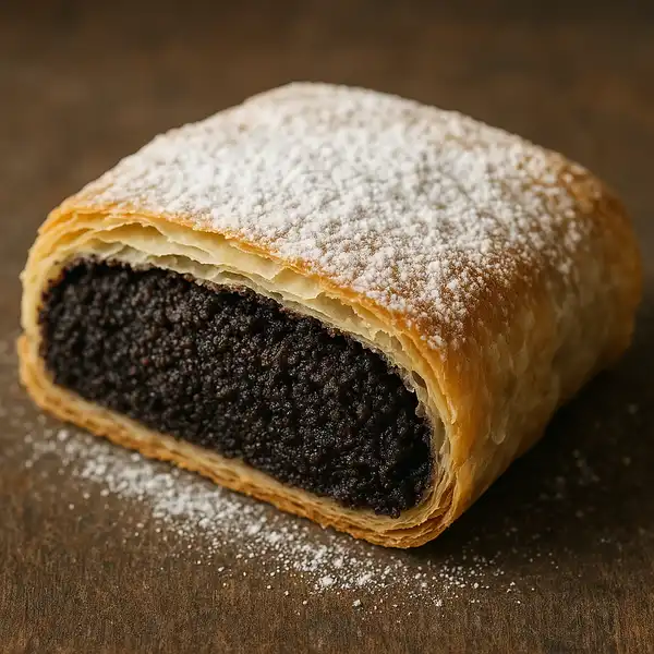 Poppy seed strudel slice with flaky pastry and sweet filling