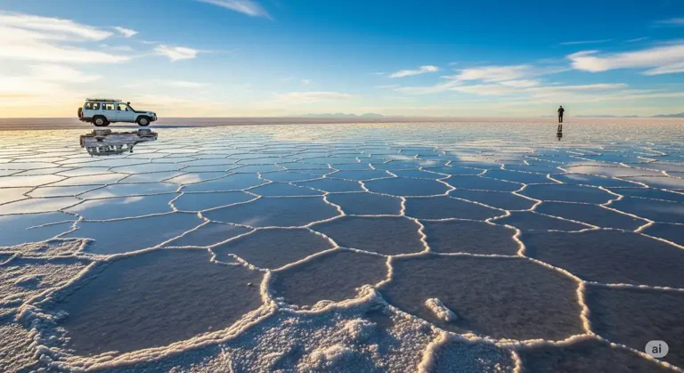 Underrated destinations: A vast, white salt flat reflecting the blue sky and clouds like a giant mirror in Salar de Uyuni, with a jeep and a distant figure for scale.