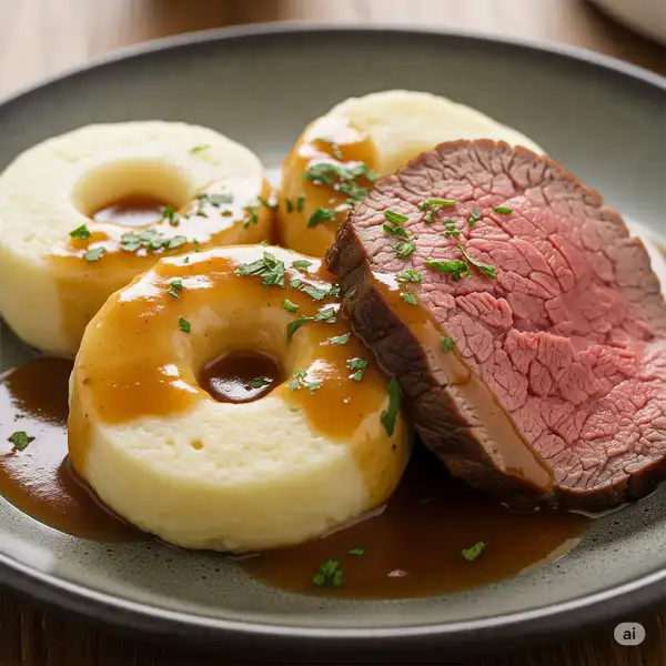Silesian dumplings with gravy and roast beef
