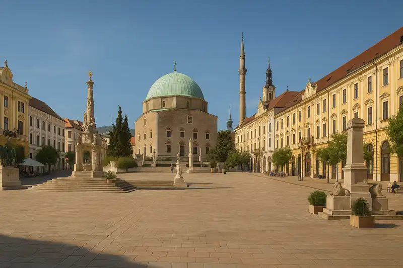 Pécs main square with Mosque of Pasha Qasim