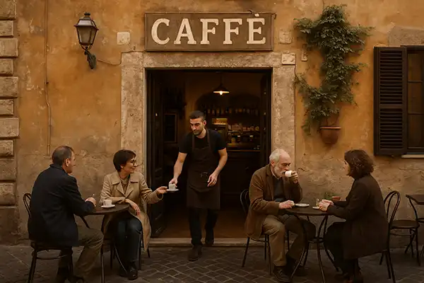 Neighborhood café in Rome with locals enjoying coffee outdoors.