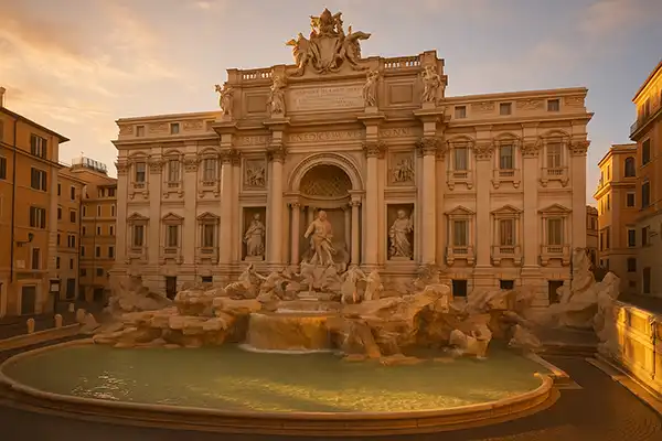 Trevi Fountain at sunrise in Rome with empty square.