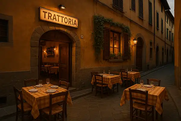 Hidden trattoria on a quiet street in Florence with outdoor tables.