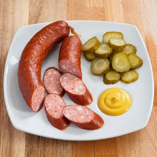 Debrecener sausage slices with mustard and pickles