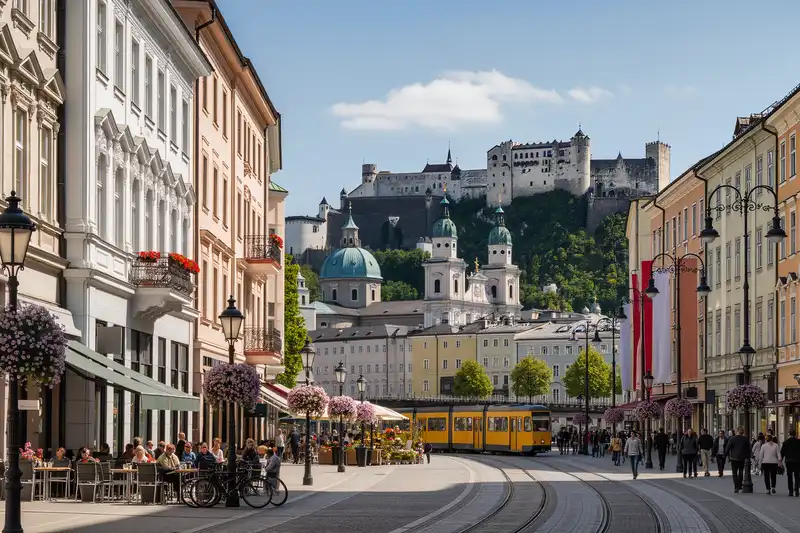 Eger landmark panorama with pedestrians and seasonal light