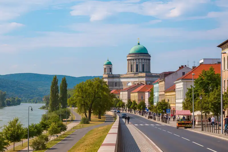 Esztergom landmark panorama with pedestrians and seasonal light