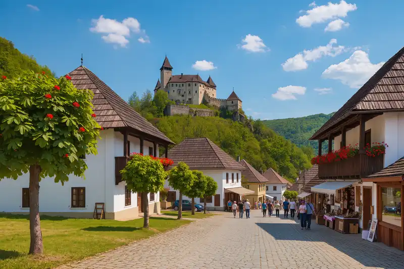 Hollókő landmark panorama with pedestrians and seasonal light