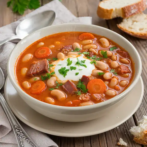 Jókai bean soup with beans, smoked meat and vegetables in a creamy broth.
