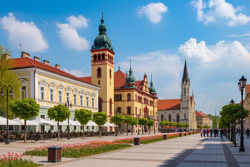Kecskemét landmark panorama with pedestrians and seasonal light