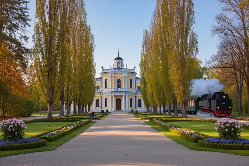 The Széchenyi Mansion, linden-tree avenue and a vintage steam train in Nagycenk, Hungary.
