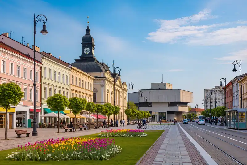 Nyíregyháza landmark panorama with pedestrians and seasonal light