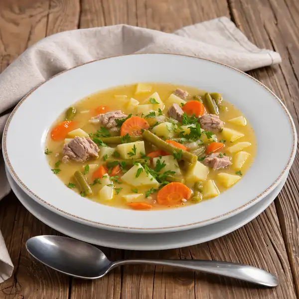 Palóc soup served in a rustic bowl with meat, potatoes and green beans in creamy broth.