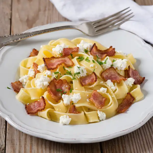 Somogy-style túrós csusza - Noodles tossed with fresh curd cheese and crispy bacon, a comforting southern Transdanubian dish.