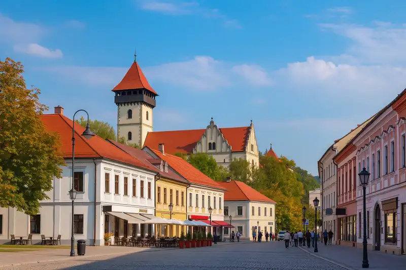 Sopron landmark panorama with pedestrians and seasonal light
