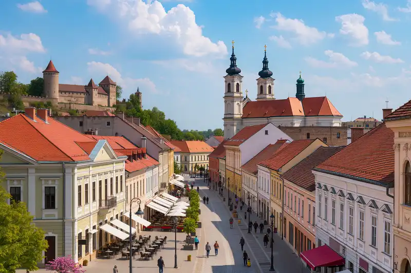 Székesfehérvár landmark panorama with pedestrians and seasonal light