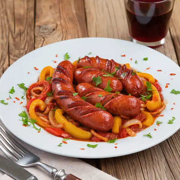 Hungarian lecsó pepper-tomato stew with sausage