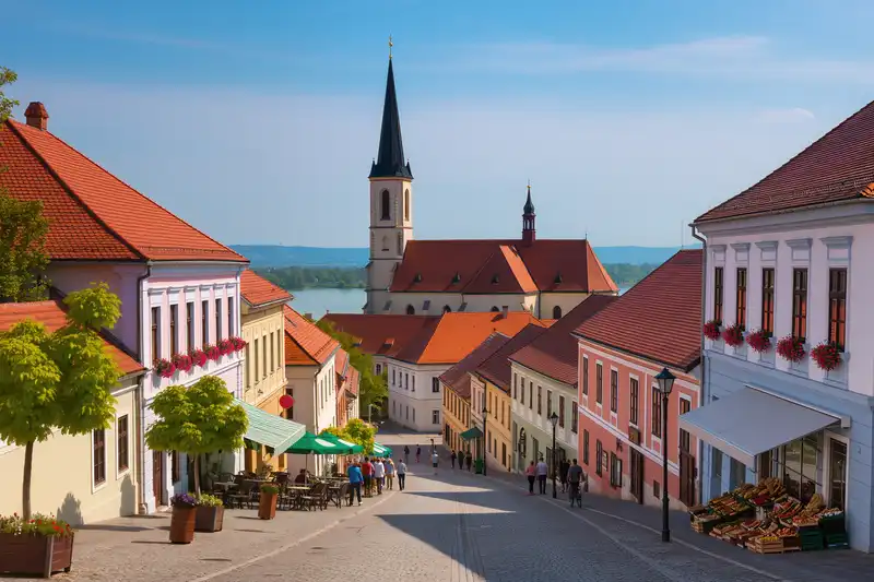 Szentendre landmark panorama with pedestrians and seasonal light