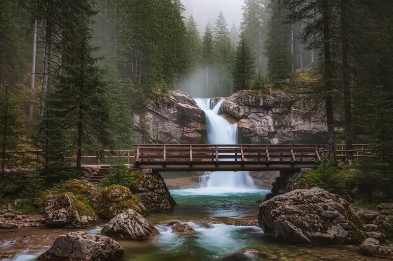 Szklarska Poreba waterfall in a pine forest gorge