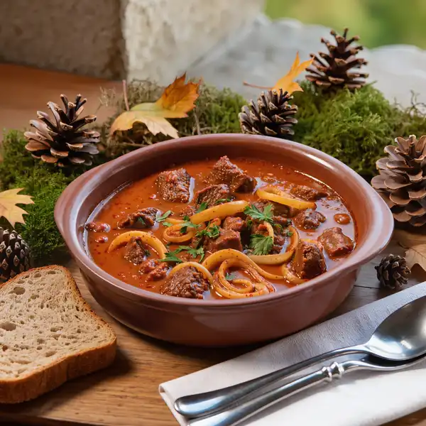 Venison pörkölt - A slow-cooked game stew with paprika and onions, reflecting the forests around Visegrad; try it in rustic hilltop restaurants.