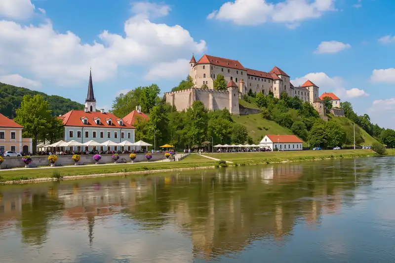 Visegrád landmark panorama with pedestrians and seasonal light