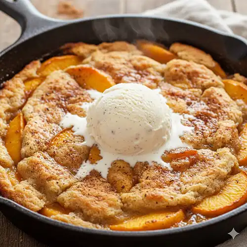 A scoop of vanilla ice cream melting on a hot, fresh-baked Georgia peach cobbler.