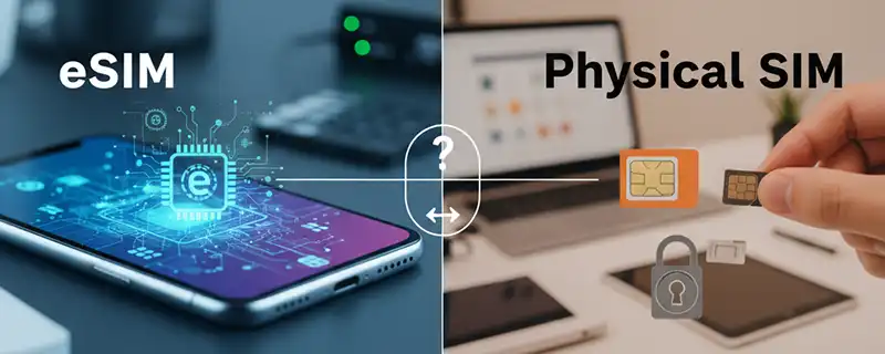 A split-screen image comparing eSIM vs Physical SIM, showing a digital chip graphic on a phone for eSIM and a hand holding a traditional SIM card for Physical SIM.