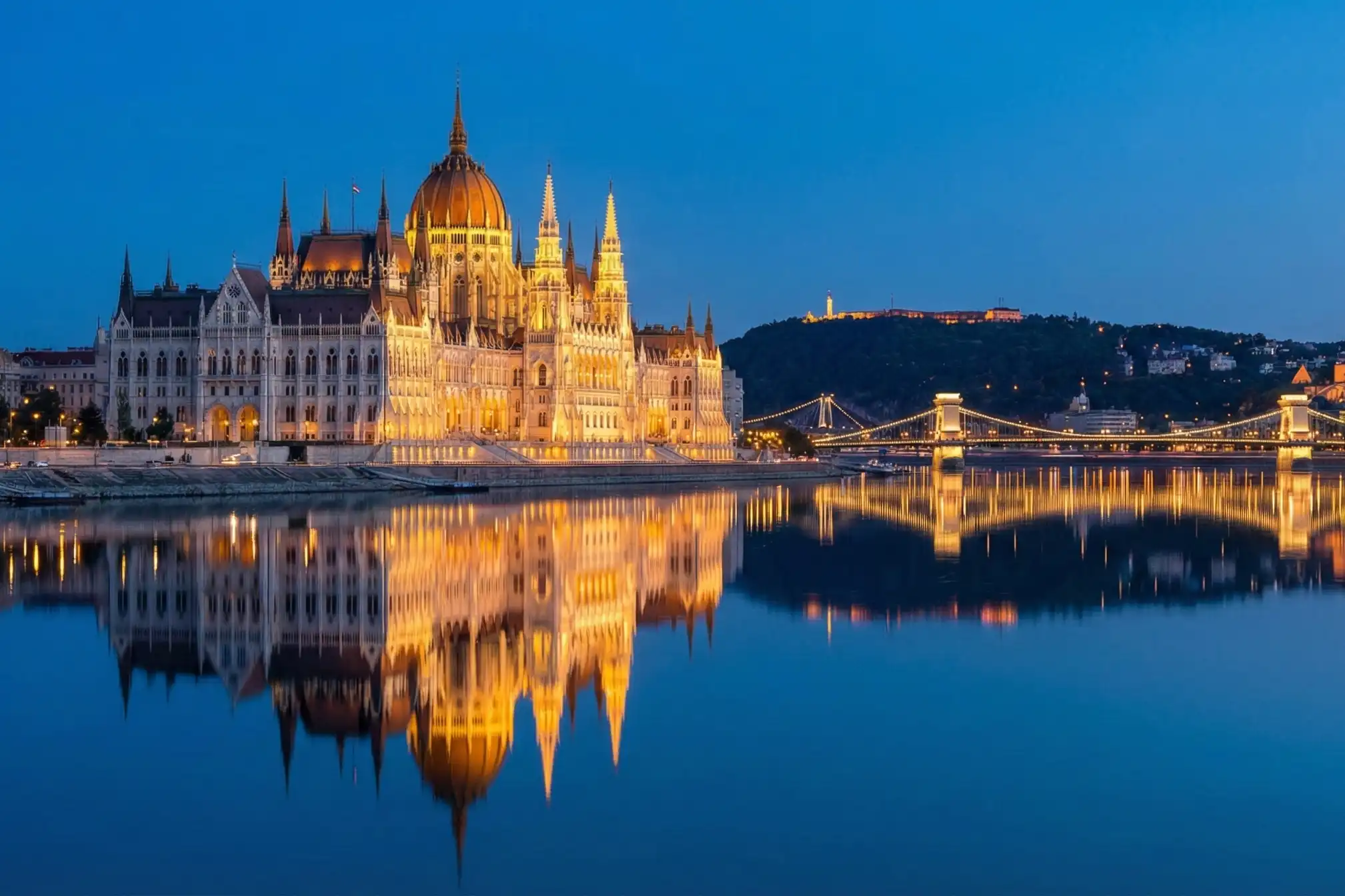Travel Guides 2 Illuminated Hungarian Parliament Building and Chain Bridge in Budapest at twilight reflecting on the Danube River.